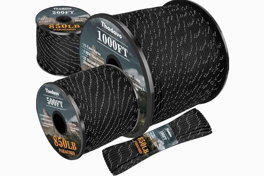 Thadavo Reflective Paracord Rope 850Ib, 50/100/200/500/1000ft 4MM 11 Strand para Cords Lanyard Utility Parachute Cord for Tent Camping Hiking Survival Tactical Clothesline DIY Projects, Black 100FT product image